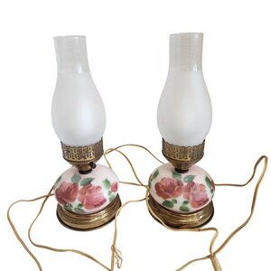 Vintage Floral Glass Hurricane Lamps With Hand-Painted Roses & Frosted Chimneys